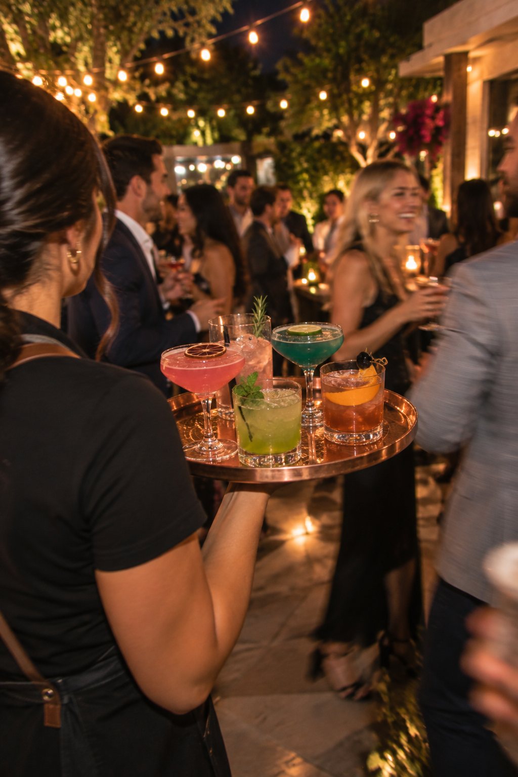 Tray of colorful cocktails carried through a crowded party